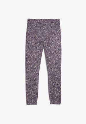 Leggings viola con un intricato motivo bianco e viola scuro, dotati di una vita alta e di un design aderente per comfort e flessibilità.