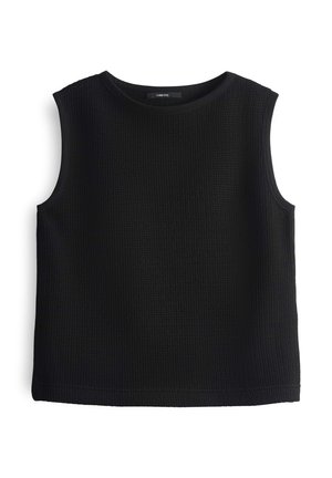 Black sleeveless top made of textured knit fabric. Features a round neck and straight hem, with no visible seams or embellishments.