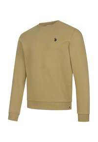 Beige Baumwollpullover mit Rundhalsausschnitt, gerippten Bündchen und Saum. Verfügt über ein kleines dunkelblaues Logo auf der Brust. Glatte Textur, lässiges Design.