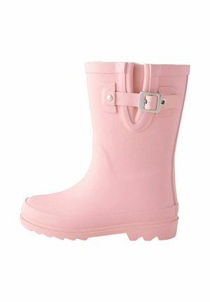 Roze rubberen regenlaars met een stevige zool, gespsluiting op de schacht, gladde textuur en ronde neustip. Ideaal voor natte omstandigheden.