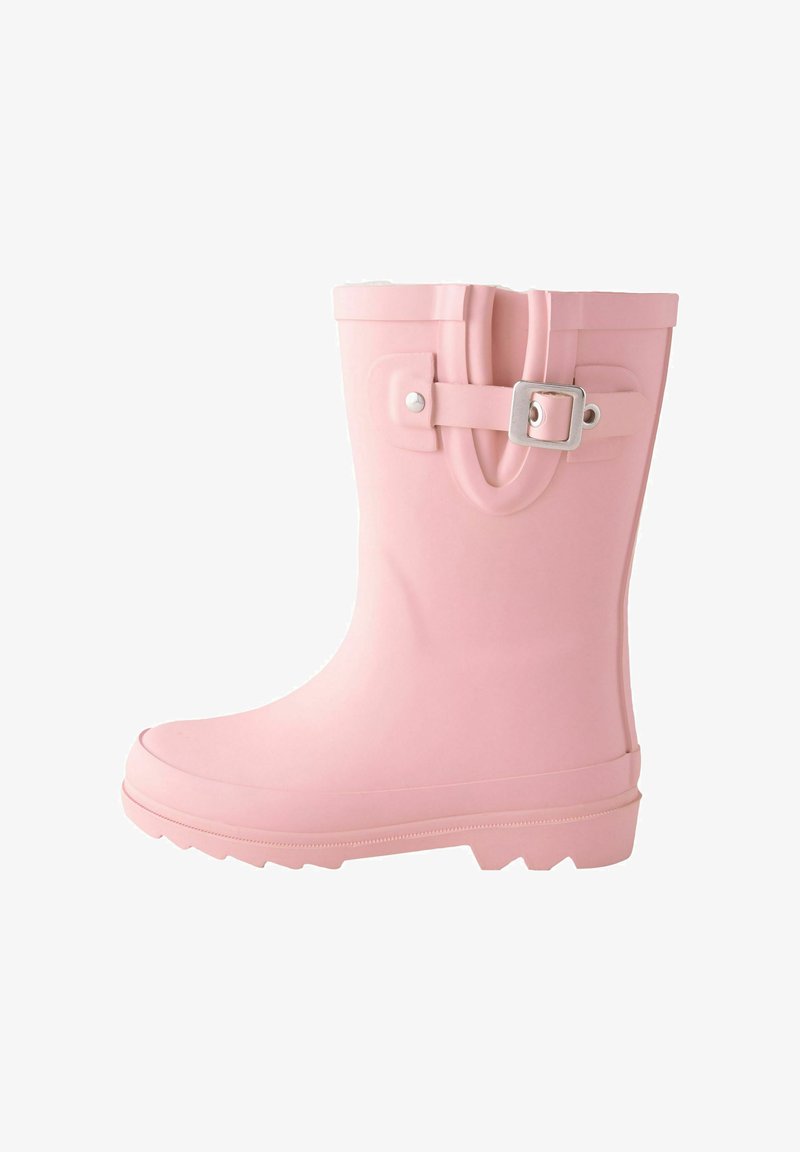 Botte de pluie en caoutchouc rose avec une sangle à boucle argentée près du haut et une semelle rainurée pour l'adhérence.