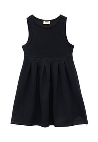 Schwarzes ärmelloses Kleid mit Rundhalsausschnitt, das an der Taille Falten hat und aus einem weichen, strukturierten Stoff gefertigt ist. Für Kinder entworfen.