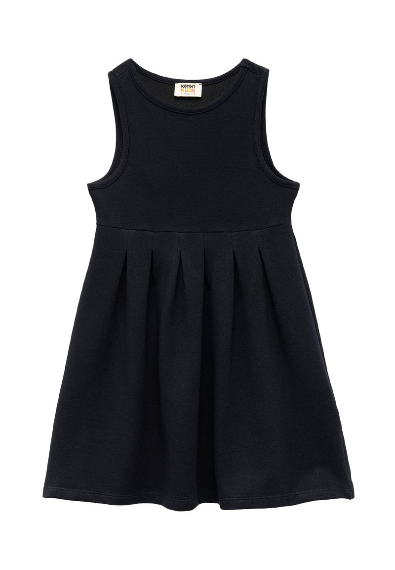 Schwarzes ärmelloses Kleid mit Rundhalsausschnitt, das an der Taille Falten hat und aus einem weichen, strukturierten Stoff gefertigt ist. Für Kinder entworfen.