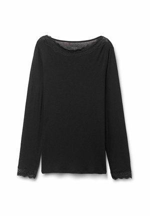 Top negro de manga larga hecho de una tela suave, con un dobladillo de encaje en forma de ondas a lo largo del escote y los puños, que aporta un detalle delicado.