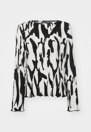 Crna i bijela nabrana bluza s dugim rukavima, okruglim izrezom i apstraktnim uzorkom. Izrađena od lagane tkanine s teksturiranim završetkom.