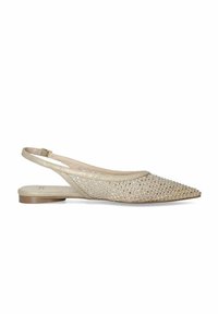 Ballerine beige con punta a punta, realizzate in materiale rete con un motivo intrecciato, e tacco sottile e piatto.