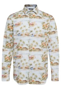 Lekka, krótki rękaw koszula z niebieskim tropikalnym wzorem. Posiada palmy, samochody w stylu vintage oraz kwiatowe akcenty na jasnym tle. Zapięcie na guziki.