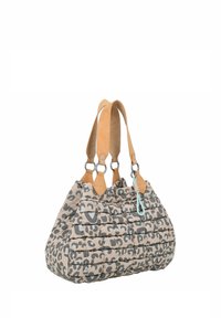 Sac en imprimé léopard gris et beige avec texture matelassée, poignées en cuir et accents en métal. Dispose d'un détail élastique bleu clair.