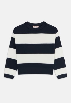 Mornarsko modra in bela horizontalno črtasta dolga majica s crewneck ovratnikom, z rebrastimi manšetami in spodnjim delom, označena z ONLY.