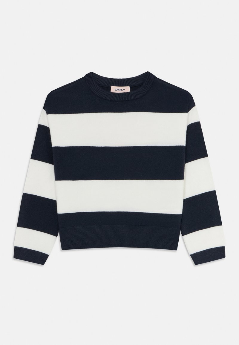 Sweater de manga longa com riscas horizontais azul marinho e brancas, com punhos e barra canelados, rotulado ONLY.