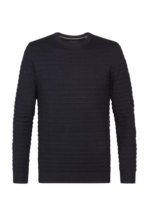 Dunkelblauer Pullover mit strukturiertem Rippmuster, Rundhalsausschnitt und langen Ärmeln mit enganliegenden Bündchen. Hergestellt aus weichem Strickmaterial.
