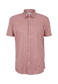 Camicia a maniche corte con bottoni in tessuto rosa chiaro, con un motivo sottile di piccole forme viola scuro e colletto standard.