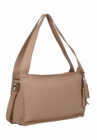Borsa a spalla in pelle tan con una texture liscia, doppie tracolle e un dettaglio con nappina. Presenta una forma rettangolare e una chiusura lampo.