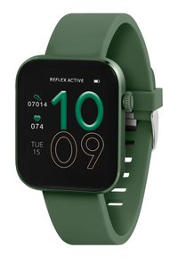 Groene smartwatch met een vierkante behuizing, siliconen band, digitale weergave van hartslag, stappenteller en tijd. Bevat zilveren hardwareaccenten.
