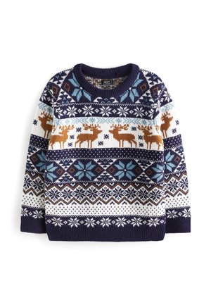 Pull en tricot bleu marine, blanc et marron avec des bandes de motifs de morse, de flocons de neige et géométriques, avec un col rond et des manches longues.
