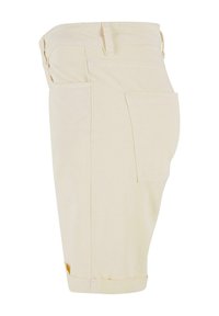 Shorts de couleur crème en tissu doux, avec une coupe décontractée, un ourlet roulé et des poches latérales.