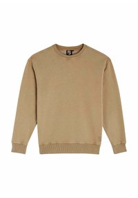 Sweat-shirt beige à col rond en tissu doux. Dispose de poignets et d'un ourlet côtelés, avec un discret détail de logo sur le bas du devant.