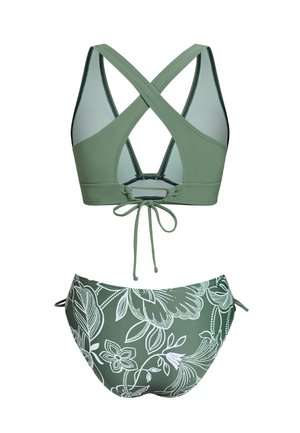 Maillot de bain deux pièces vert olive avec bretelles croisées dans le dos, motif floral blanc sur le bas du bikini et liens ajustables sur les côtés.