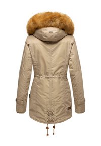 Beige parka jacket with a fur-lined hood, drawstring waist, and textured sleeves. Features button accents and a longer back design.