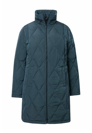 Cappotto imbottito e trapuntato in verde scuro, con colletto alto, zip frontale completa e motivo a diamante su tessuto liscio. Vestibilità rilassata con tasche laterali.
