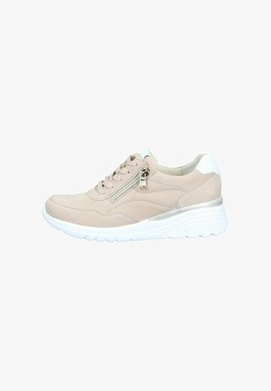 Beige suede sneaker with white sole and heel tab, side zipper, and laces, designed for casual wear.