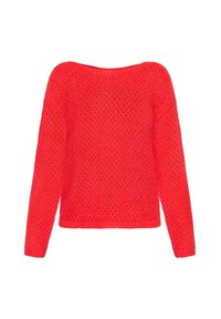 Roter, langärmeliger Pullover mit lockerem Strickmuster und gerippten Bündchen an Ärmeln und Saum vor weißem Hintergrund.