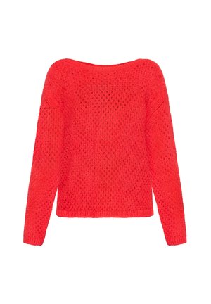 Rode gebreide trui met lange mouwen, los geweven en voorzien van geribbelde manchetten en zoom, tegen een witte achtergrond.