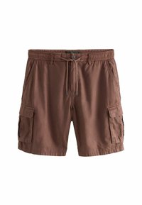 Braune Cargo-Shorts aus Baumwolle, ausgestattet mit Seitentaschen, einem Kordelzugbund und einem lockeren Schnitt. Mattes Material mit gesteppten Details.