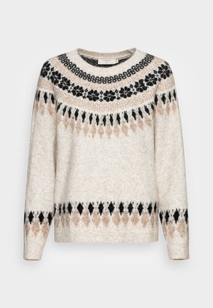 Crèmekleurige gebreide trui met zwarte en beige geometrische en bloemmotieven rond de halslijn, manchetten en zoom, lange mouwen, ronde hals.
