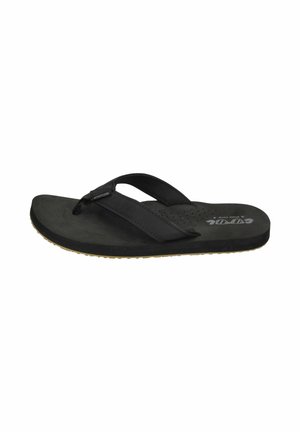 Schwarze Flip-Flop-Sandale mit breiten Stoffriemen und gepolsterter Sohle, für den Freizeitgebrauch entwickelt.