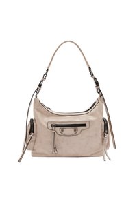 Beżowa skórzana torba o gładkiej fakturze, z uchwytem u góry i dwoma bocznymi kieszeniami na zamek, wykończona czarnym sprzętem i zamkami.