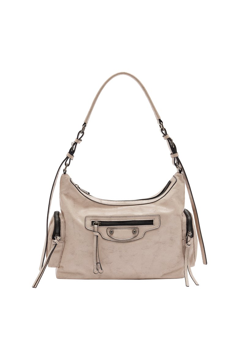 Beżowa skórzana torba o gładkiej fakturze, z uchwytem u góry i dwoma bocznymi kieszeniami na zamek, wykończona czarnym sprzętem i zamkami.