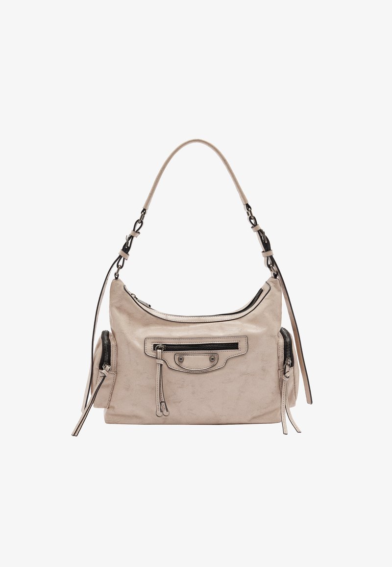 Beżowa skórzana torba o gładkiej fakturze, z uchwytem u góry i dwoma bocznymi kieszeniami na zamek, wykończona czarnym sprzętem i zamkami.