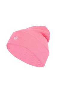 Roze gebreide muts met een geribbelde textuur en een klein wit logo aan de voorkant, ontworpen voor een aansluitende pasvorm.
