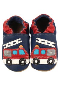 Leder-Babyschuhe in Marineblau mit roten Akzenten, versehen mit einem Feuerwehrauto-Design und einer Leiter. Weiche, flexible Sohle für Komfort.