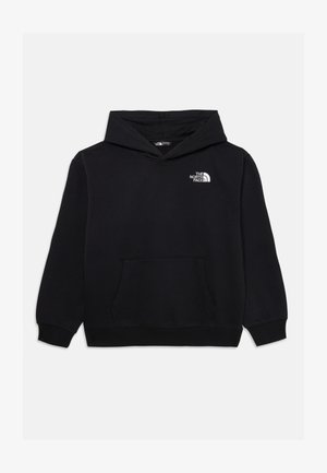 Svart huvtröja i mjukt tyg, med en framficka och en liten vit logotyp på bröstet. Ribbad mudd och nederkant.