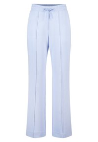 Lichtblauwe sweatpants van zachte stof met een elastische tailleband en trekkoord. Heeft rechte benen en zijplooien voor detail.