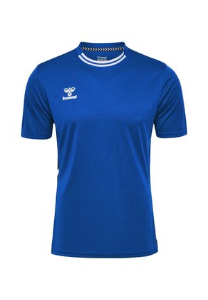 Blauw sportshirt met korte mouwen, gemaakt van lichtgewicht stof. Heeft een ronde hals met witte accenten en een logo aan de linkerkant.