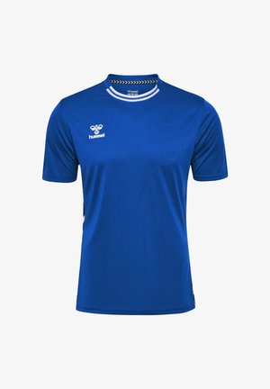 Blaues kurzärmliges Sportshirt aus leichtem Material. Mit einem Rundhals mit weißen Akzenten und einem Logo auf der linken Seite.