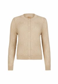 Strickjacke in hellbeige mit hexagonalem Strukturmuster, ausgestattet mit einem Rundhalsausschnitt, durchgehender Knopfleiste und gerippten Bündchen und Saum.
