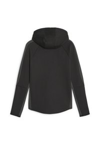 Czarny sportowy hoodie o gładkiej fakturze, z kapturem i siateczkowymi akcentami wzdłuż rękawów i boków, zaprojektowany z myślą o komforcie i oddychalności.