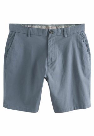 Heledad sinine puuvillane lühike pükste, tasasel ees, kahe külje tasku ja nööbiga sulgemine. Siseosa sisaldab mustrilist vöökohta.