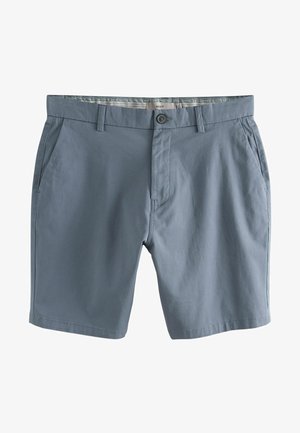 Vaaleansiniset puuvillashortsit, joissa on suora etuosa, kaksi sivutaskua ja nappikiinnitys. Sisäpuolella on kuvioitu vyötärönauha.