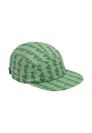 Green patterned cap made of fabric, featuring a geometric design in white, flat brim, rounded top, and an accented logo on the side.