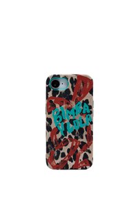 Leopard print phone case with red and teal accents, featuring "BIMBA Y LOOLA" text in bold lettering, textured surface, and rounded edges.