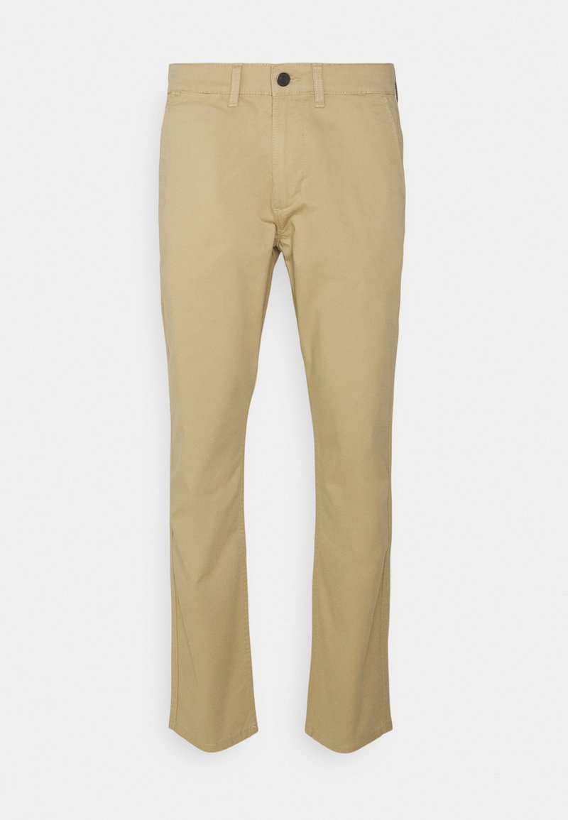 Chinos beige in cotone, con design a gamba dritta, passanti per cintura e chiusura con un pulsante anteriore. Tessuto liscio, senza motivi visibili.