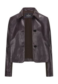 Lederjacke in dunklem Lila mit Kragen, zwei Fronttaschen und zwei schwarzen Knöpfen. Glatte Textur mit subtilen Nähdetails.