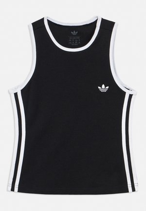 Camiseta sin mangas negra de Adidas con ribete blanco y rayas laterales, con el logo blanco del trébol de Adidas en el pecho.