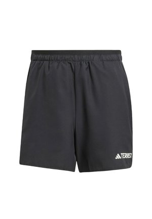 Shorts de sport noirs avec une taille élastique, texture lisse, et logo "TERREX" brodé en blanc sur le bas à gauche.