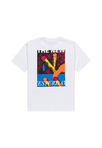 White cotton t-shirt featuring a vibrant graphic design with red, yellow, and blue elements, and text reading "THE NEW YESTERDAY."